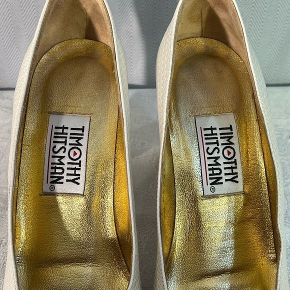 Timothy Hitsman Cream Textured Shoes Gold Studded Heels Patent Leather Toes 7.5N - Picture 3 of 12